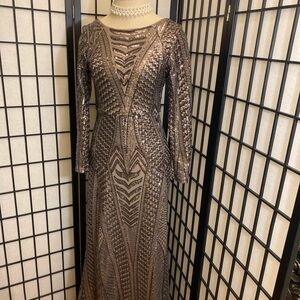 Brown Sequin Embellished Long Sleeve Gown